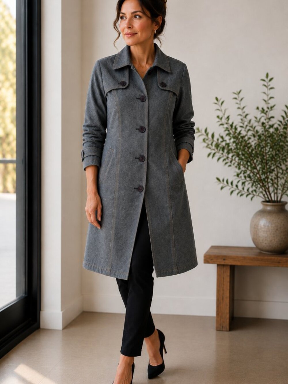 Grace Dane Lewis Workshop Gray Trench Coat Jacket Women's Cotton Blend Size 8